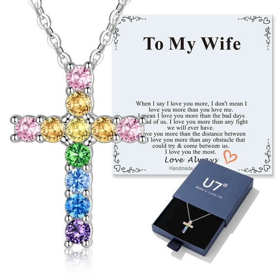 U7 To My Wife Cross Necklace for Women Dainty Colorful Cubic Zirconia 18 Inch Pendant Necklace Mother's Day Christmas Gift for Her with Card