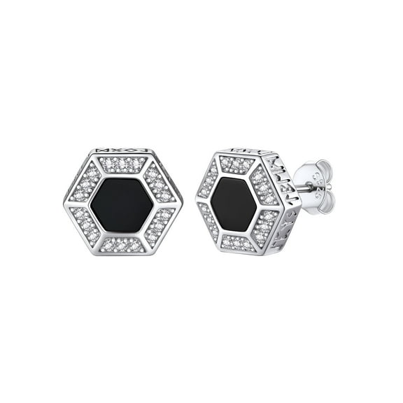 U7 Viking Rune Black Onyx Stud Earrings with Cubic Zirconia Hexagon Sterling Silver Earrings for Men Women Sensitive Ear Jewelry Gift