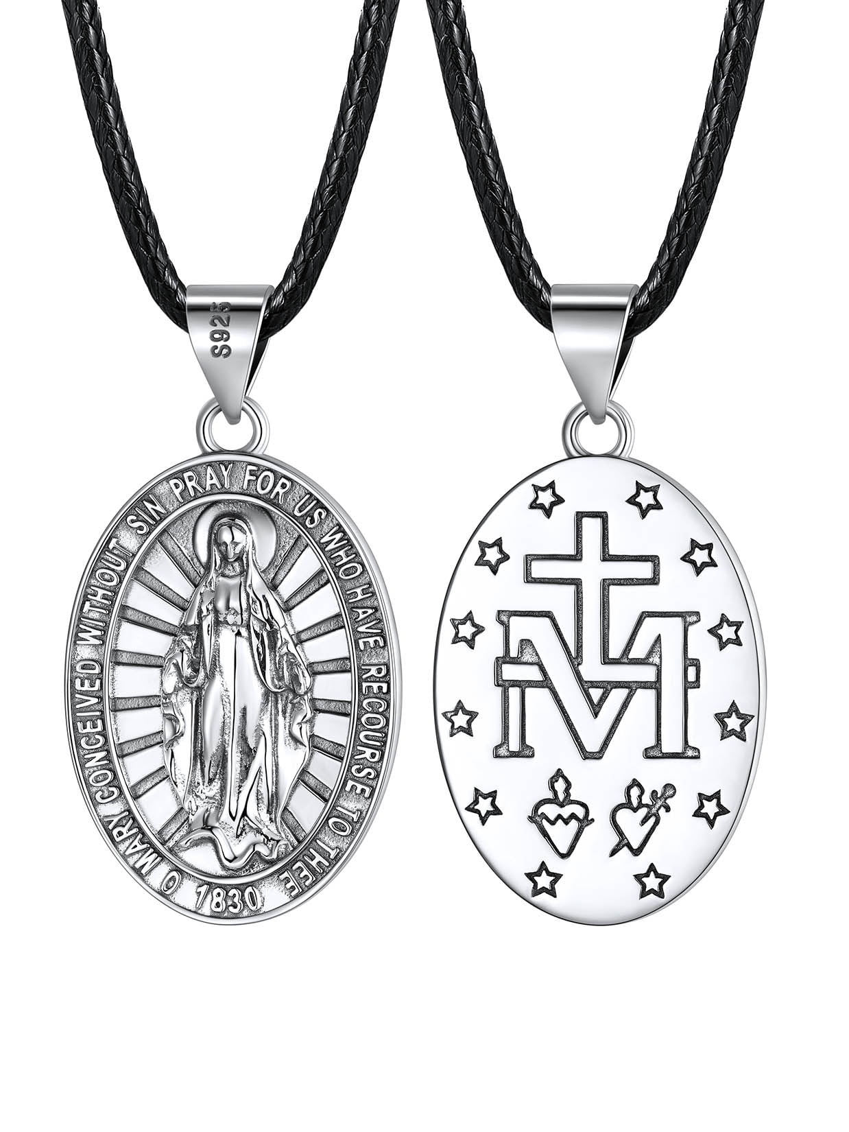 U7 Virgin Mary 925 Sterling Silver Medal Coin Pendant Leather Necklace for Women Men Religious Jewelry Gifts Protection for Her