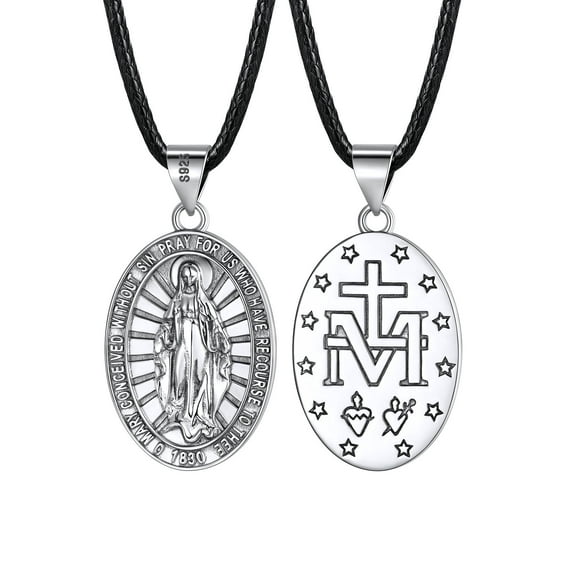 U7 Virgin Mary 925 Sterling Silver Medal Coin Pendant Leather Necklace for Women Men Religious Jewelry Gifts Protection for Her
