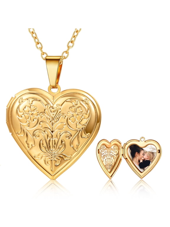 Women 14K Gold Plated Flower Grain Heart Locket Necklace Memorial Personalized Custom Love Pendant Jewelry Gift for Christmas Mother Wife Daughter