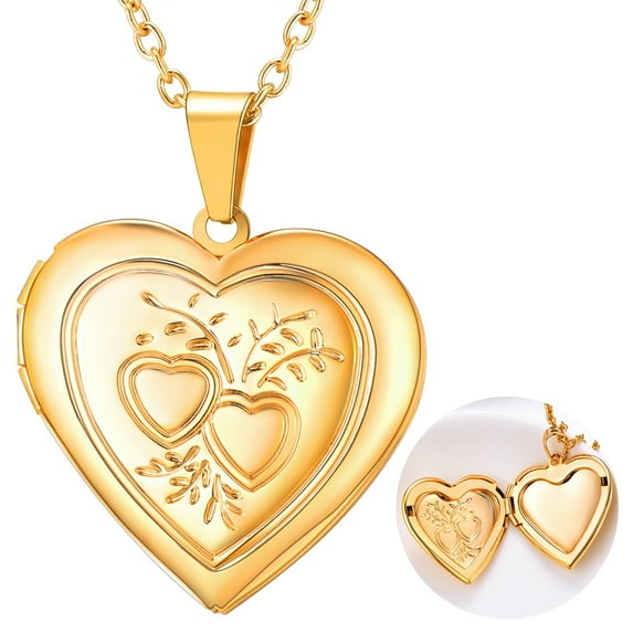 U7 Women Gold Locket Necklace Custom Picture Love Heart Pendant Memorial Gift for Mom Daughter Birthday Mother's Day Valentine