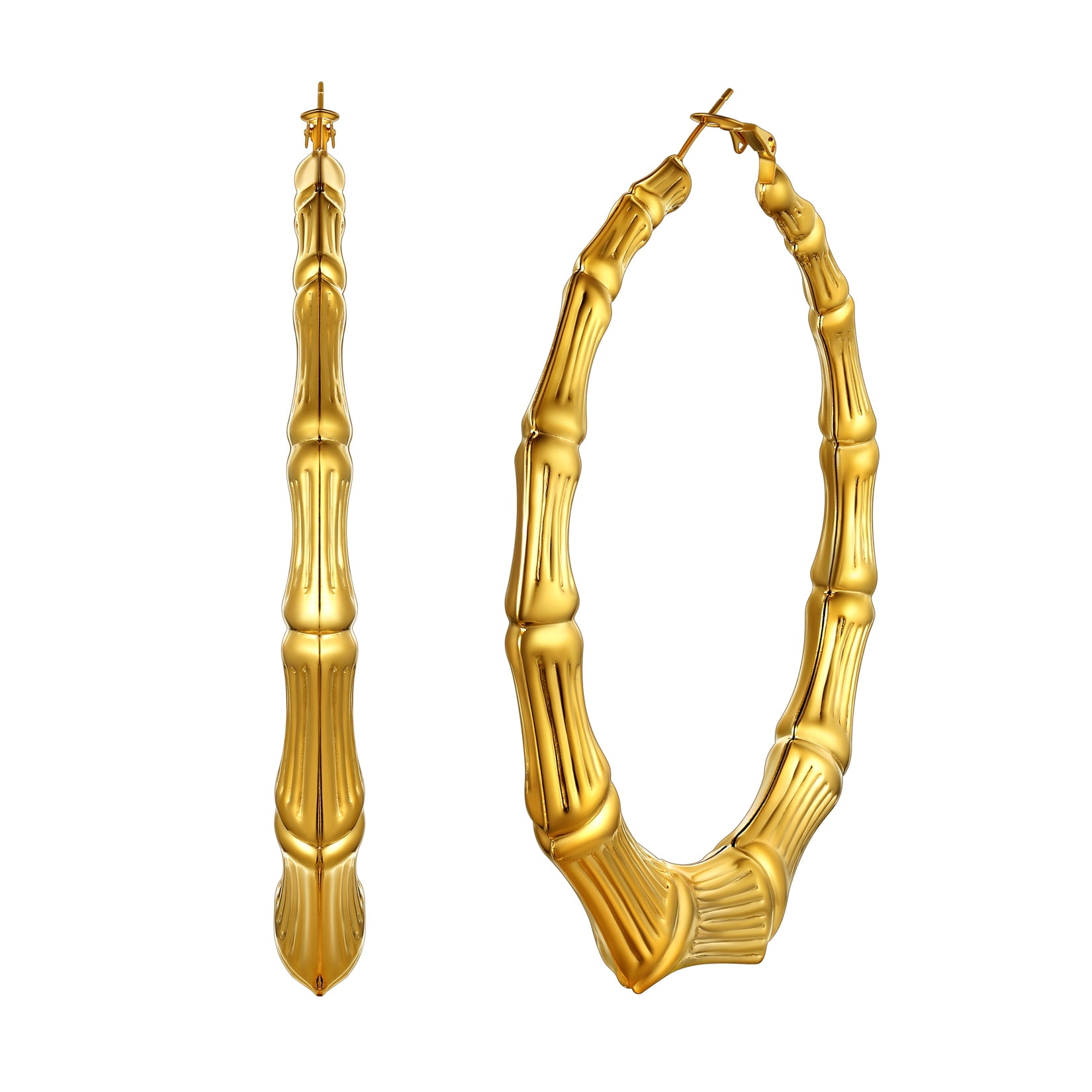 U7 Women Large Big Hoop Earring Gold Plated Bamboo Earrings 80mm Stainless Steel Christmas Gift for Mother Wife
