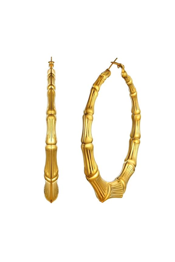 Women Large Big Hoop Earring Gold Plated Bamboo Earrings 80mm Stainless Steel Christmas Gift for Mother Wife