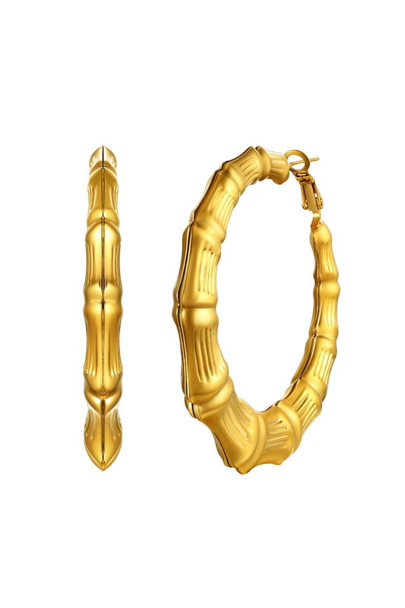Women Large Big Hoop Earring Stainless Steel Gold Plated Bamboo Earrings 60mm Christmas Anniversary Gift for Mother Wife