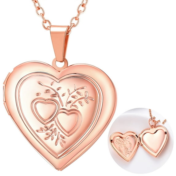 U7 Women Rose Gold Locket Necklace Custom Picture Love Heart Pendant Memorial Gift for Mom Daughter Birthday Mother's Day Valentine