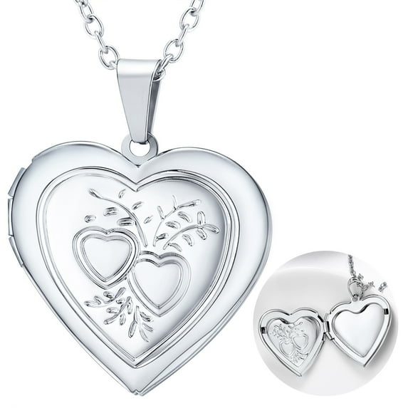U7 Women Silver Locket Necklace Custom Picture Love Heart Pendant Memorial Gift for Mom Daughter Birthday Mother's Day Valentine