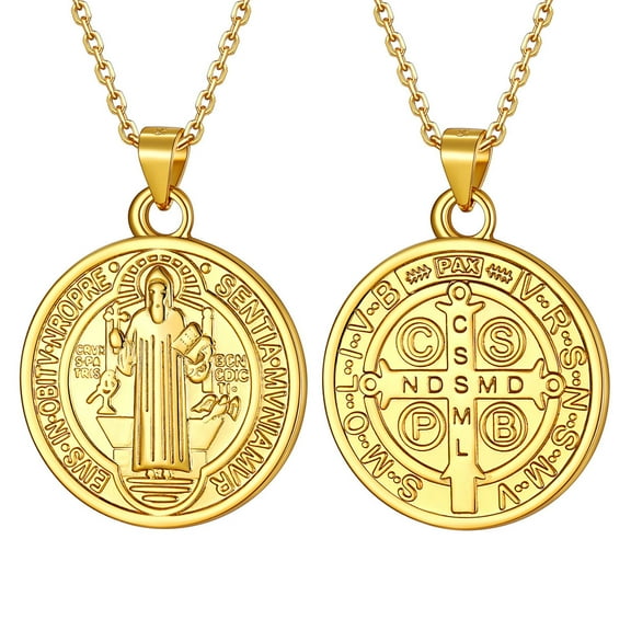 U7 Women St Benedict Round 14K Yellow Gold Plated Medal Pendant 925 Sterling Silver Dainty Necklace Chain 18inch