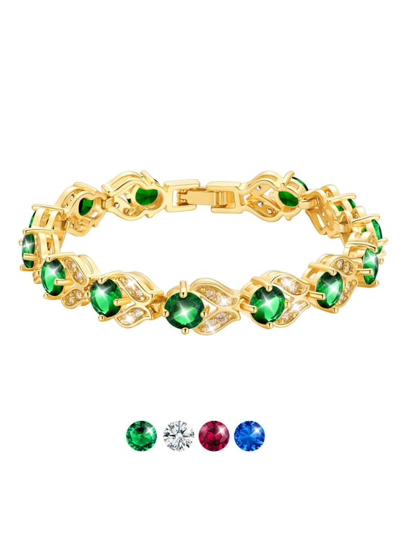 14K Gold Plated Women Tennis Bracelet with Sparkling Green Emerald Cubic Zirconia Crystal Hand Link Jewerly Gift for Wife Daughter Girlfriend Christmas Stuffers