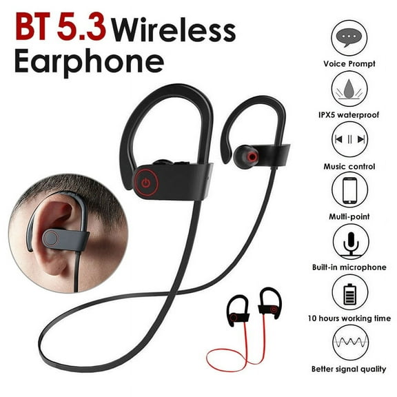 U8 5.3 Bluetooth Earphone Wireless Sports Headphone, Ear Hanging In-Ear Earphone, Noise Reduction Sweatproof HD Voice Earphone for IOS Android, Black