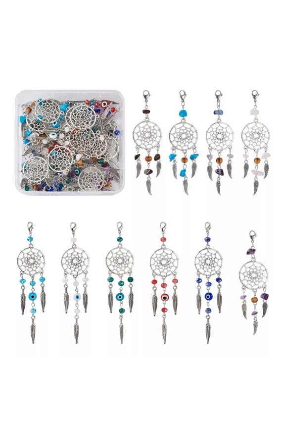 1 Box Alloy Woven Net Web with Feather Dangle Pendants with Gemstone Glass Beads