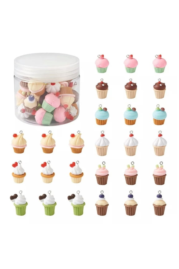 1 Box Cupcake Opaque Resin Pendants with Platinum Tone Iron Loops 21~28x14~19mm
