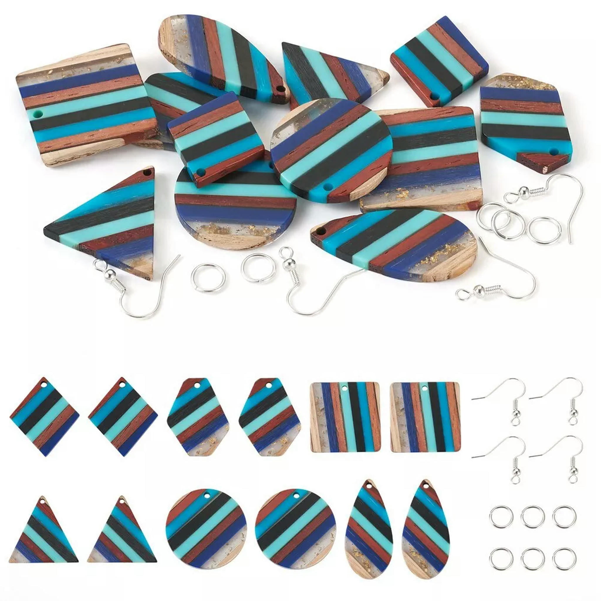 U8MO 1 Box Resin Walnut Wood Pendants Cyan Triangle DIY Geometry Earring Making Kit