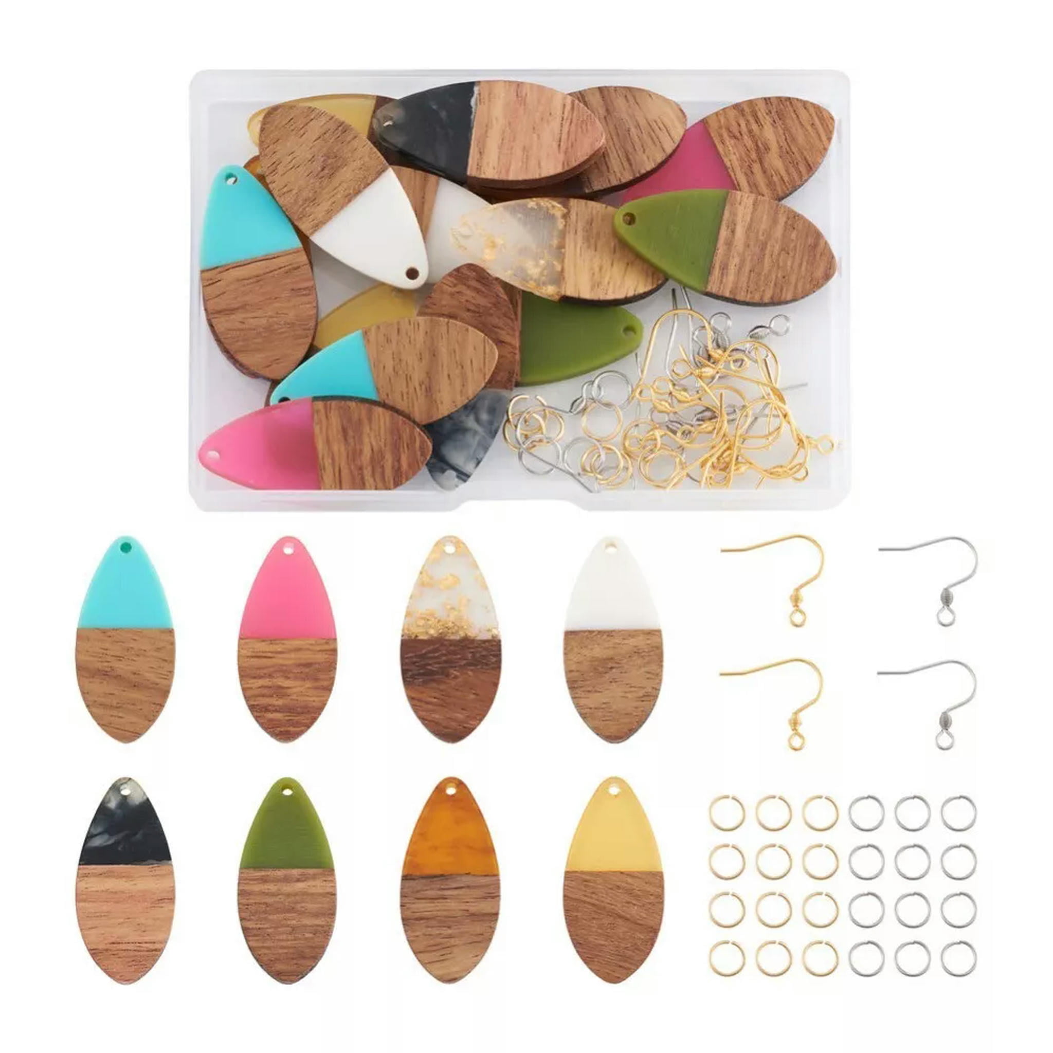 U8MO 1 Box Resin Wood Pendants Earring Hooks DIY Teardrop Dangle Earrings Making Kit