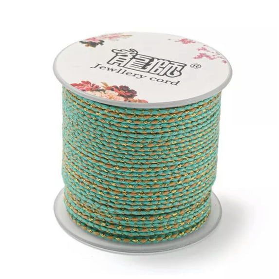U8MO 1 Roll Handmade 4-Ply Polycotton Cord Macrame Cotton Rope with Gold Wire 1.5mm-Medium Aquamarine