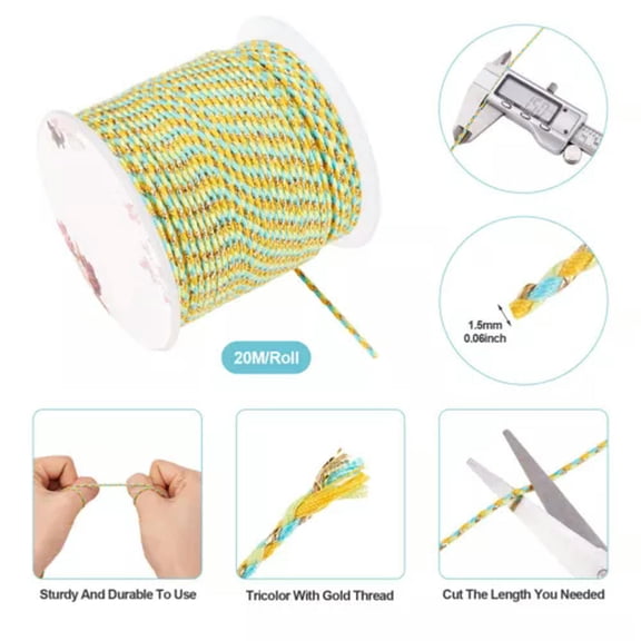 U8MO 1 Roll Handmade 4-Ply Polycotton Cord Macrame Cotton Rope with Gold Wire 1.5mm-Yellow Green