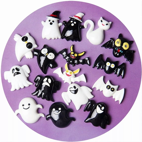 U8MO 10 Assorted Black White Halloween Ghost Bat Cat Cabochons Flatback Charms Craft