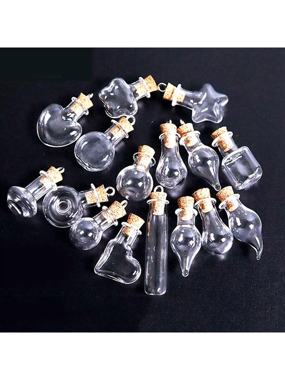 10 Assorted Mini Empty Glass Bottle Vials Cork Charm Pendants Wish Bottles