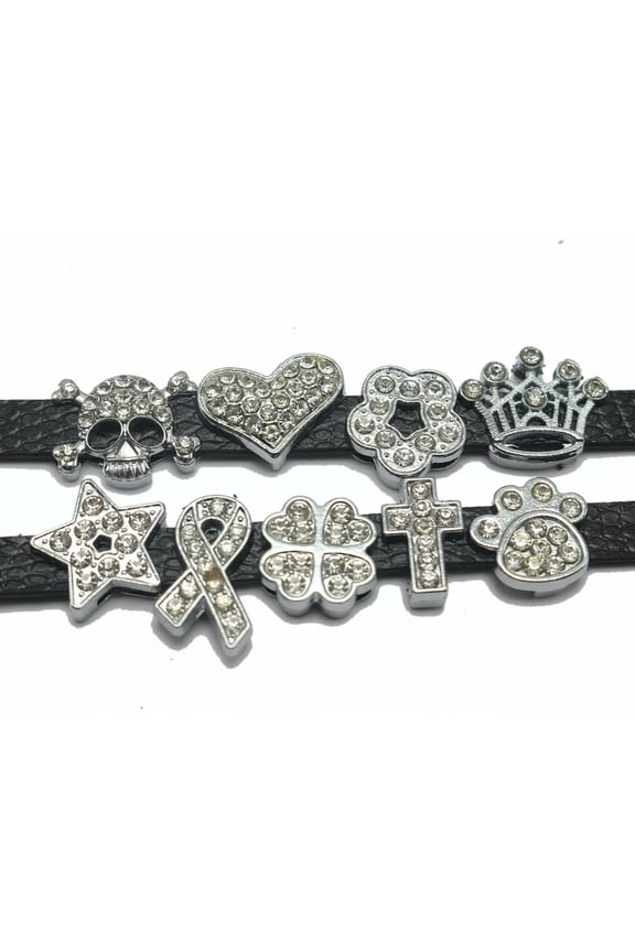 10 Assorted Silver Alloy Heart Crown Slide Charms Fit 10mm Wristband Pet Collar