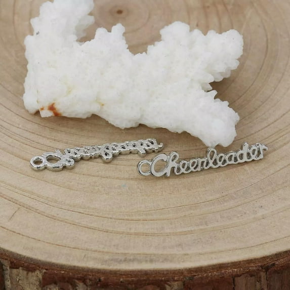 U8MO 10 Cheerleader Word Charms Antique Silver Tone Cheer Pendants Script Letters