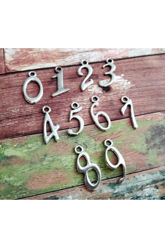 10 Number Charms Antiqued Silver 0-9 Pendants Italic Font Findings