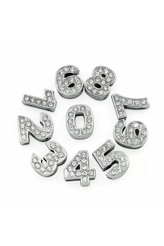 10 Silver Rhinestone Number "0 to 9" DIY Slide Beads Charm Fit 10mm Wristbands-0