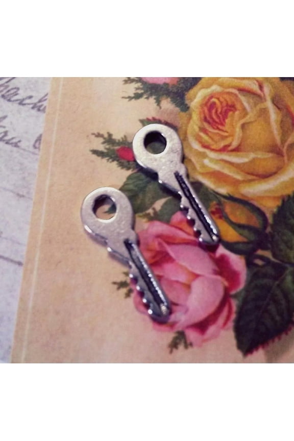 10 Skeleton Key Charms Antiqued Silver Bulk Tiny Keys Fairy Garden Steampunk