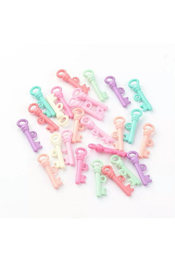 10 Skeleton Key Charms Assorted Lot Miniature Acrylic Findings Rainbow Pastel