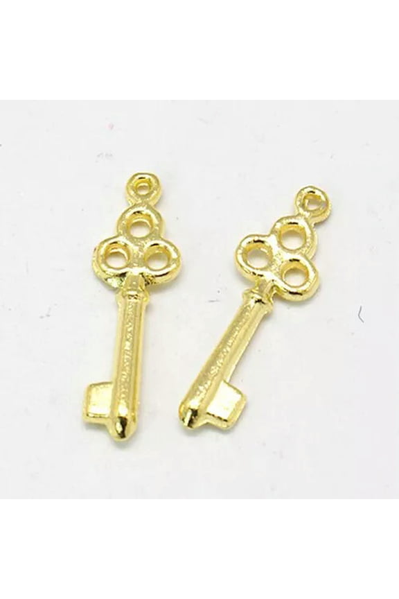 10 Skeleton Key Charms Miniatures Shiny Gold Tone Steampunk Findings 18mm