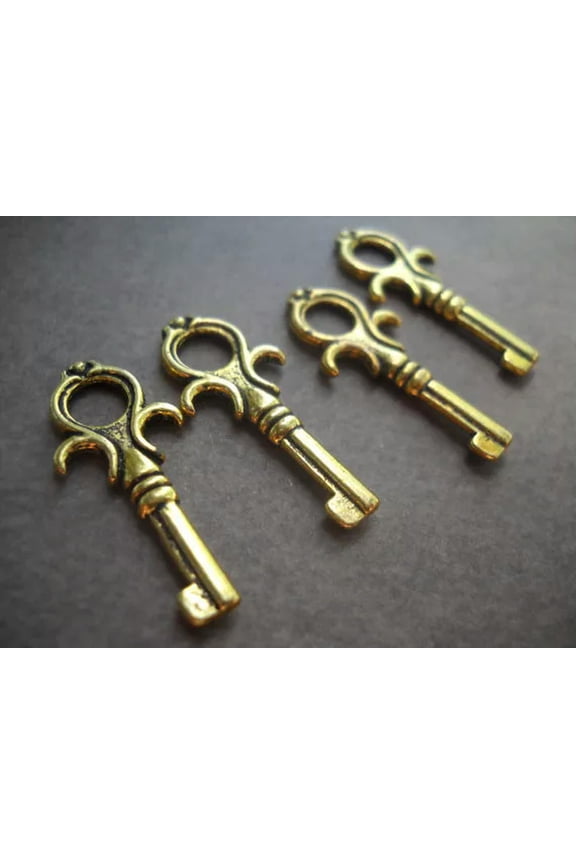 10 Skeleton Key Charms Pendants Antiqued Gold Steampunk Supplies Set 25mm