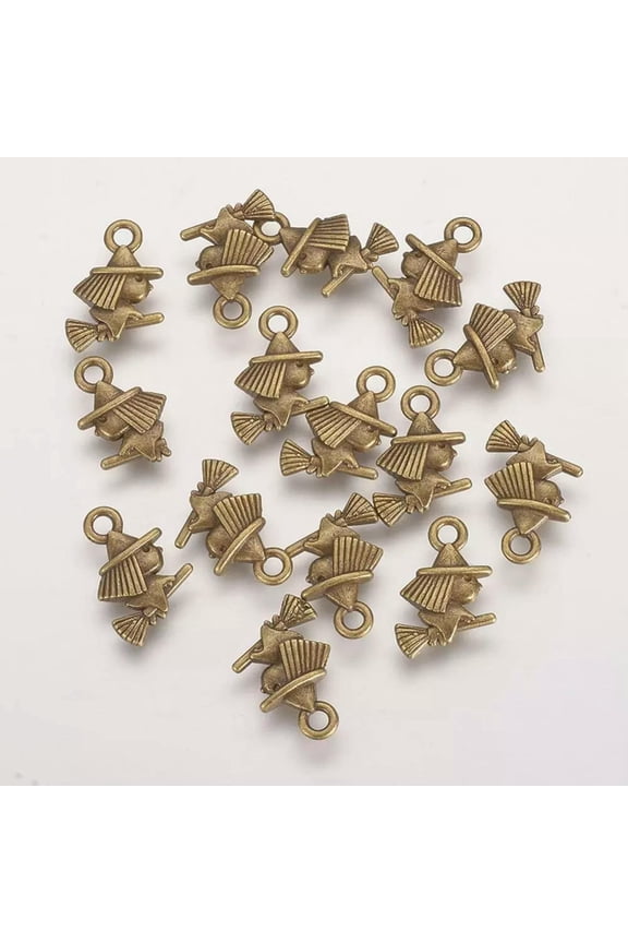 10 Witch Charms Antique Bronze Tone Halloween Pendants Findings 2 Sided