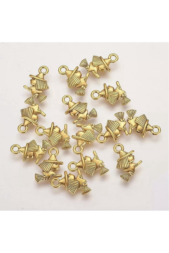 10 Witch Charms Antiqued Gold Tone Halloween Pendants Findings 2 Sided