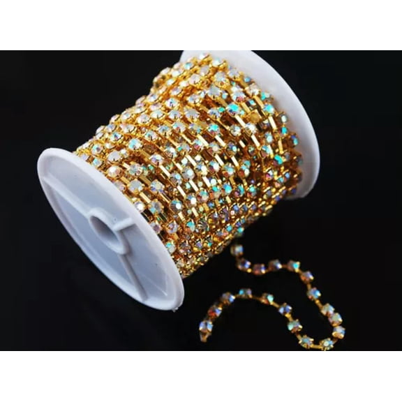 U8MO 10 Yards Crystal Rhinestones Chain Trim Gold/Silver Base Sewing Craft Findings-Gold AB-SS6 (2mm)
