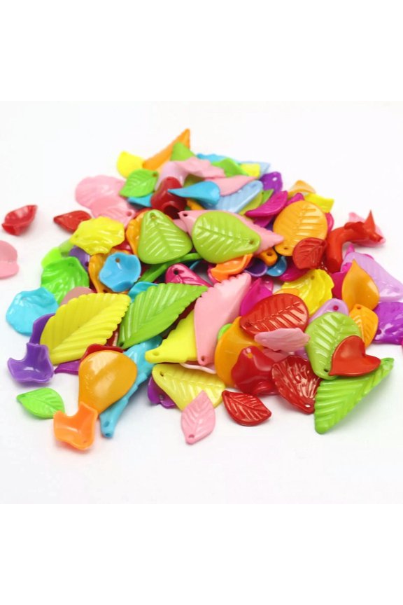 100 Assorted Bubblegum Color Acrylic Flower Petals Leaves Beads Charms Top Hole
