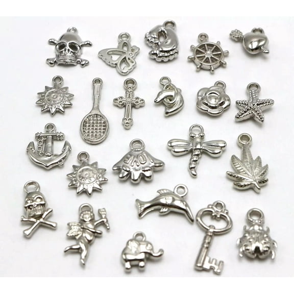 U8MO 100 Assorted Silver Tone Metallic Acrylic Charm Pendants Flower Key Animal ect