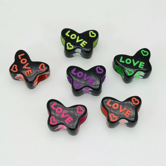 U8MO 100 Black with Neon Color Love Pattern Butterfly Pony Beads 15X10mm Big Hole