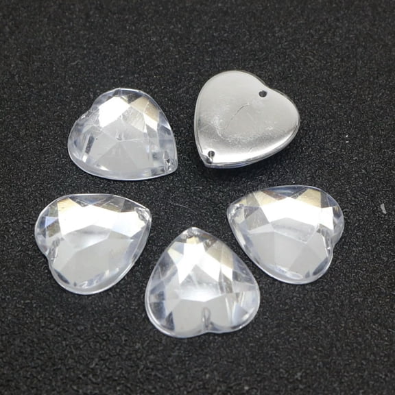 U8MO 100 Clear Flatback Acrylic Faceted Heart Rhinestone Button 16mm Sew on beads