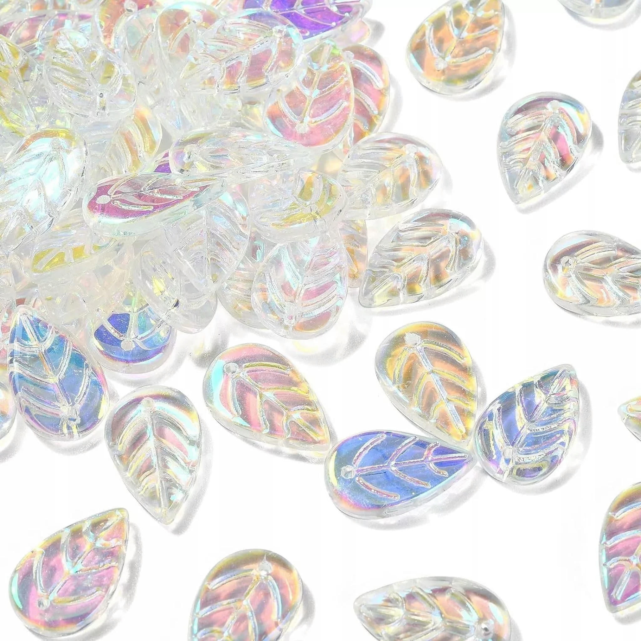 U8MO 100 Glass Leaf Beads Clear Jewelry Supplies 18mm AB Shimmer Finish Bulk