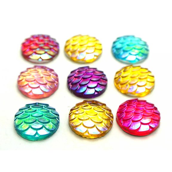 U8MO 100 Mixed Colour AB Flatback Resin Fish Scale Pattern Round Cabochon 12mm