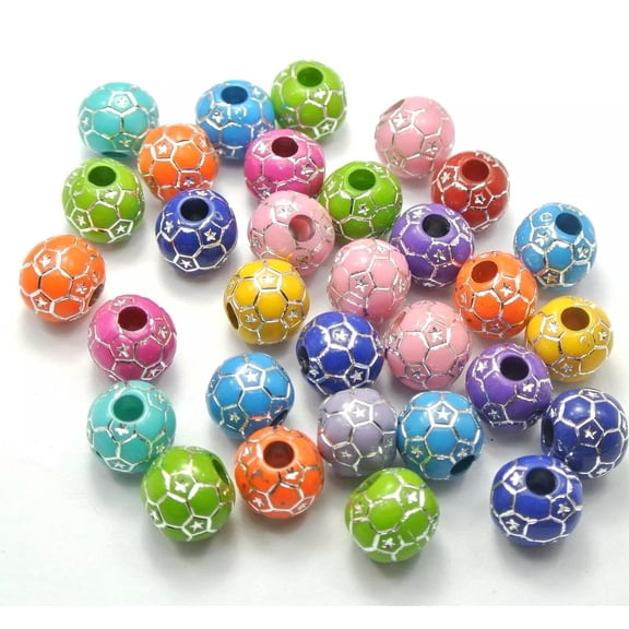 U8MO 100 Mixed Colour Sparkling Silver Football Pattern Acrylic Round Beads 12mm
