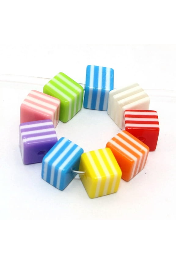 100 Mixed Colour Stripes Acrylic Cube Beads 8mm Kid Crafts Jewelry Bracelet