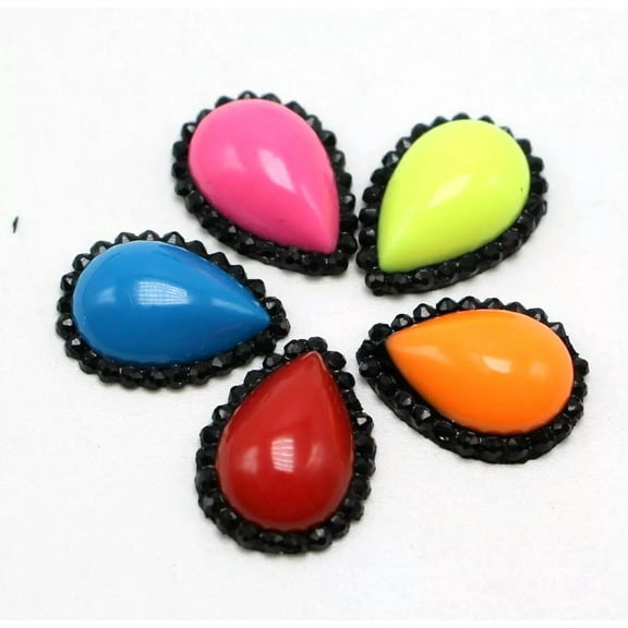 U8MO 100 Mixed Enamel Color Black Dotted Rhinestone Flatback Acrylic Teardrop Cabocho