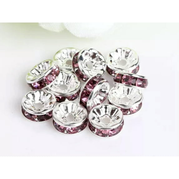 U8MO 100 Silver Crystal Rhinestone Rondelle Spacers Beads 6mm 8mm 10mm Colour Choice-6mm-Light Purple