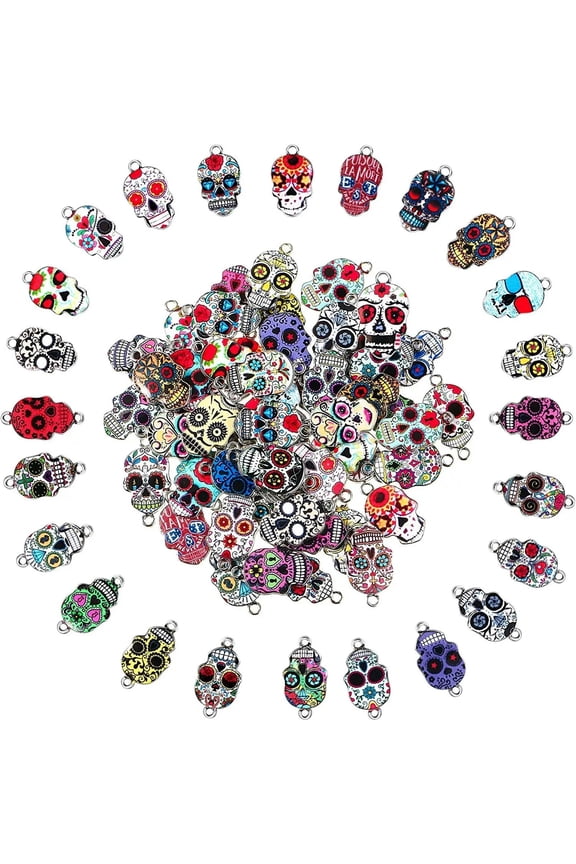 100 Skull Charms Connector Pendants Silver Enamel Assorted Calavera Day of Dead