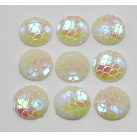 U8MO 100 White Luster AB Flatback Resin Fish Scale Pattern Round Cabochon 12mm