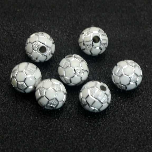 U8MO 100 White Sparkling Silver Football Soccer Pattern Acrylic Round Beads 10mm