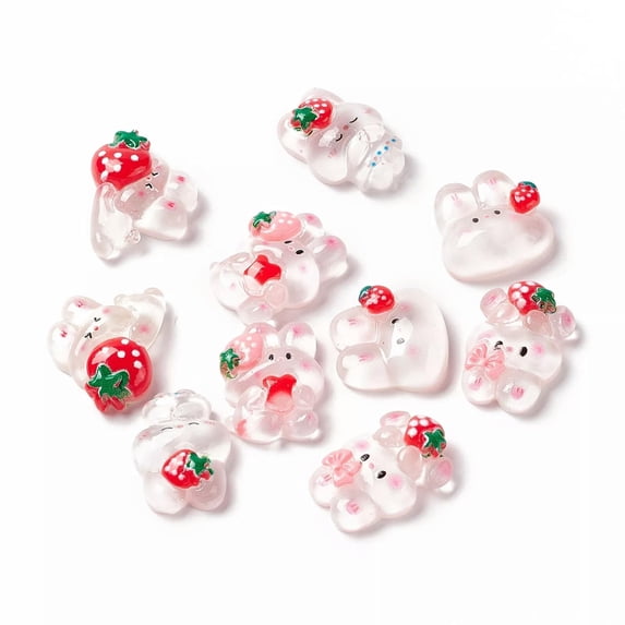 U8MO 100 pcs Transparent Resin Cabochons Rabbit with Strawberry Mixed Shpas 19~23mm