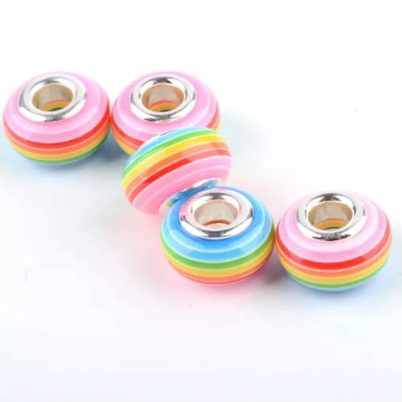 U8MO 100pcs 14mm Rondelle Resin European Large Hole Beads Rainbow Stripe Slide Charms-LightSkyBlue