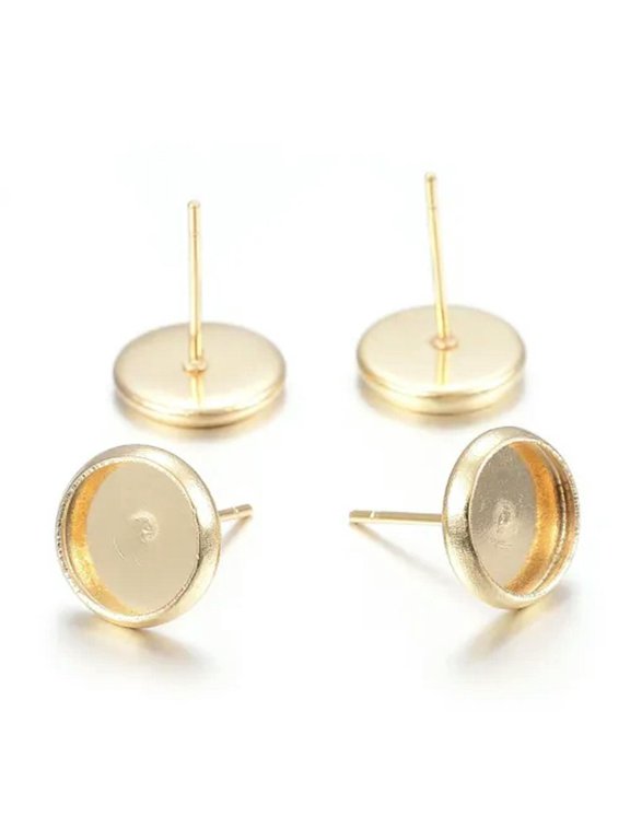 100pcs 304 Stainless Steel Cup Earring Posts Gold Tone Stud Findings Round Tray-6mm