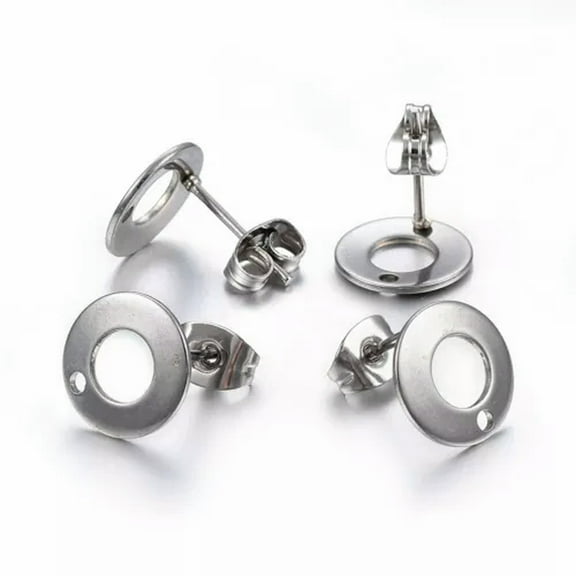 U8MO 100pcs 304 Stainless Steel Post Stud Dangle Earring Flat Round With Loop 10x1mm-Stainless Steel Color